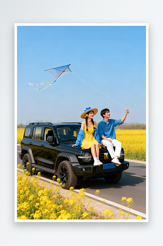 春游油菜花人物春季汽车小轿车摄影图