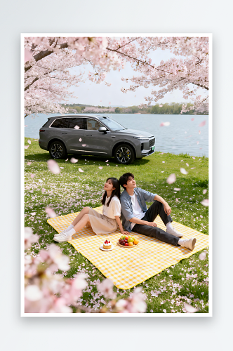 春游人物樱花春季汽车小轿车摄影图