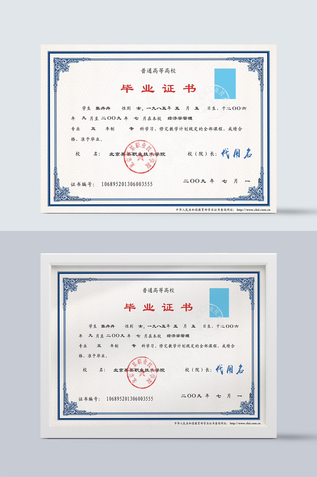 普通高等院校毕业证通用模板素材
