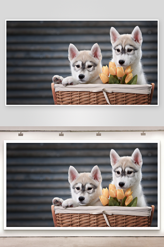 两只小狗坐篮中花旁萌态可掬-众图网