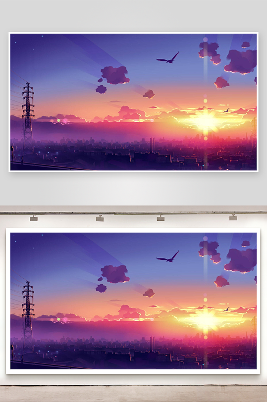 夕阳下的城市剪影与飞鸟-众图网