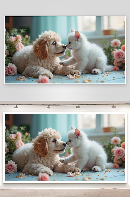 小狗与小猫亲密互动温馨画面-众图网