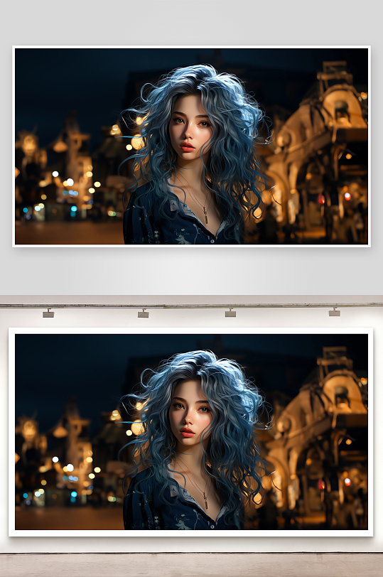 蓝发女子夜景肖像-众图网