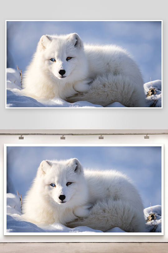 雪地白狐双色瞳静卧-众图网