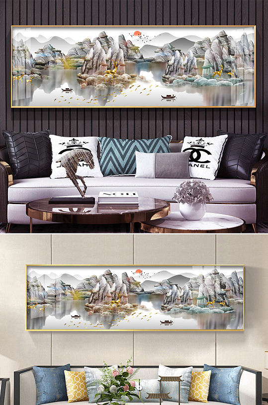 新中式手绘山水麋鹿装饰画 大气山河图