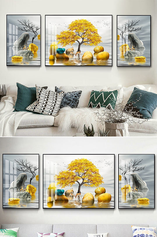 新中式发财树麋鹿装饰画-众图网