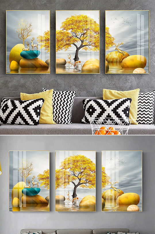 新中式金色麋鹿石头装饰画-众图网