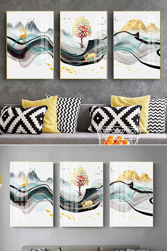 新中式水墨山水麋鹿装饰画-众图网