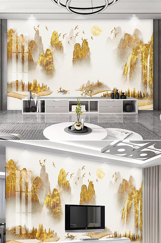 新中式金色抽象山水背景墙-众图网