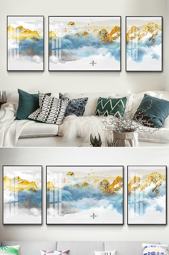 新中式金色山水线条装饰画-众图网