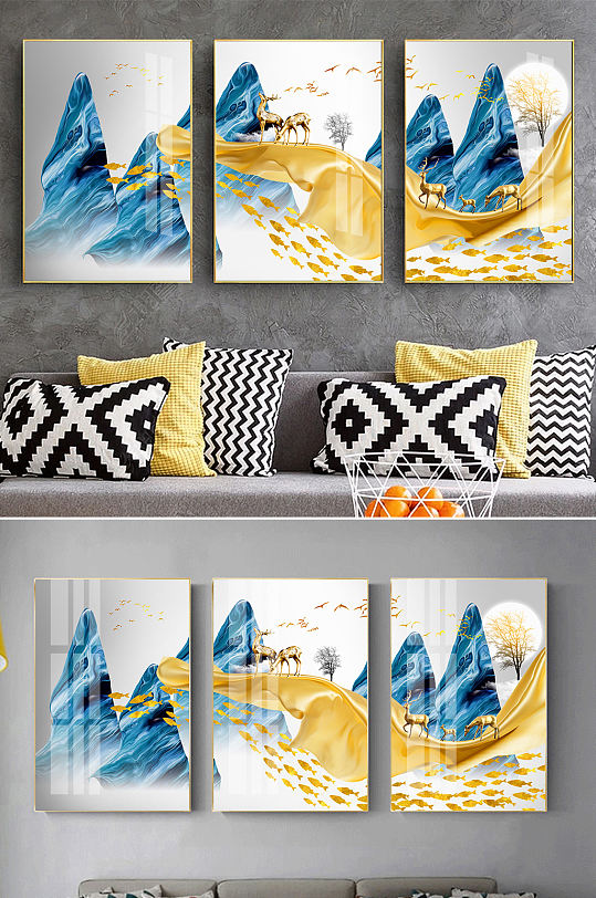 新中式抽象麋鹿金色装饰画-众图网