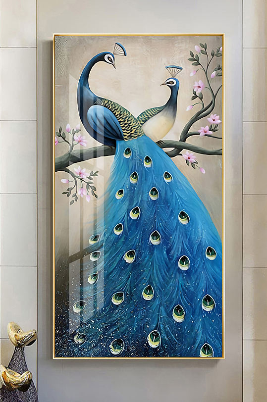 轻奢现代孔雀手绘玄关画