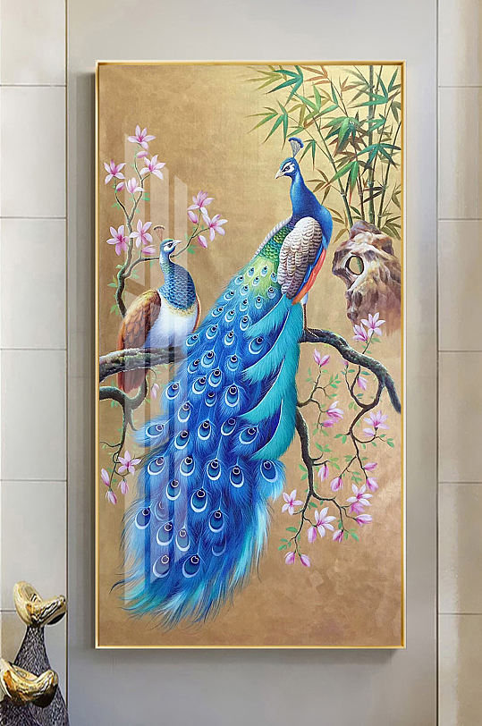 手绘现代轻奢孔雀玄关画