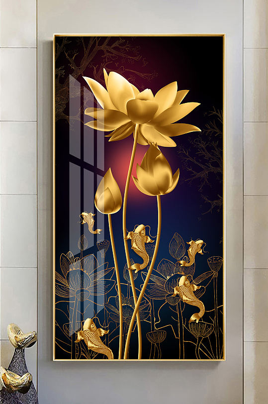 新中式金色荷花游鱼玄关-众图网