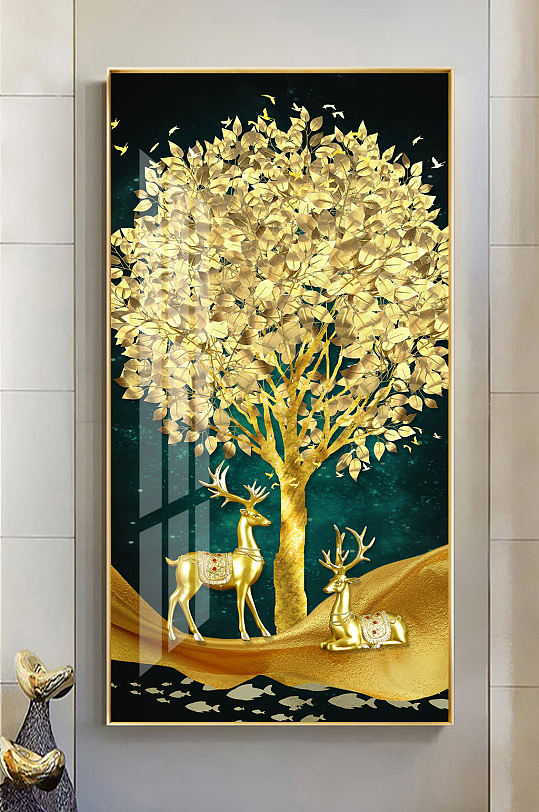新中式轻奢麋鹿发财树玄关-众图网