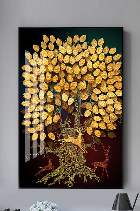 新中式轻奢发财树麋鹿玄关-众图网