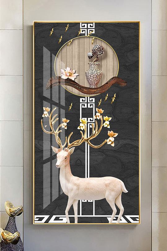 新中式麋鹿轻奢玄关装饰画-众图网