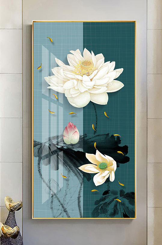 新中式简约工笔荷花玄关画-众图网
