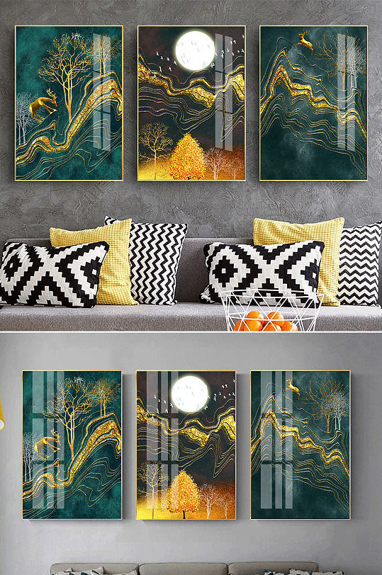 新中式金色线条麋鹿装饰画-众图网