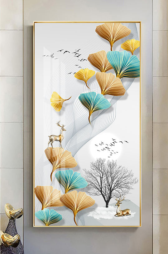 新中式轻奢银杏叶麋鹿玄关-众图网