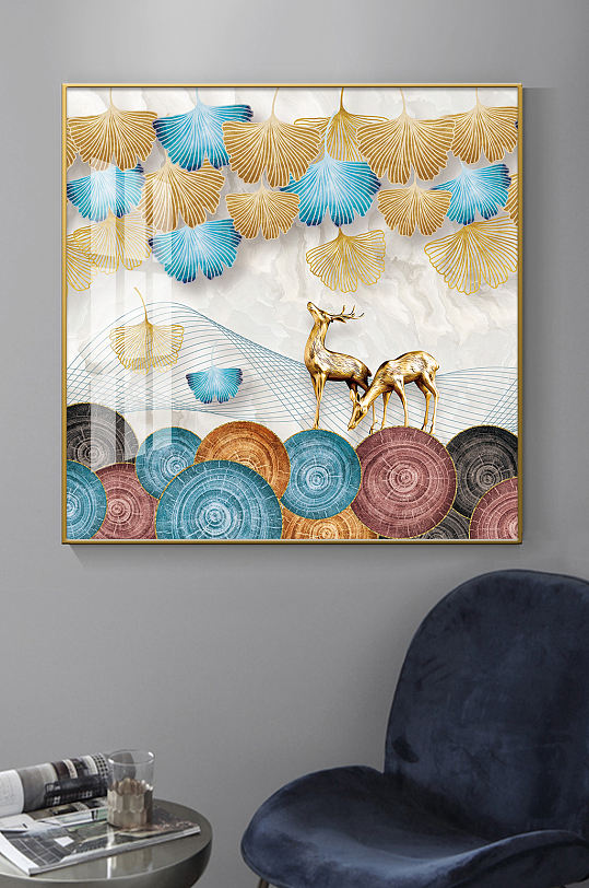 新中式银杏叶麋鹿装饰画-众图网