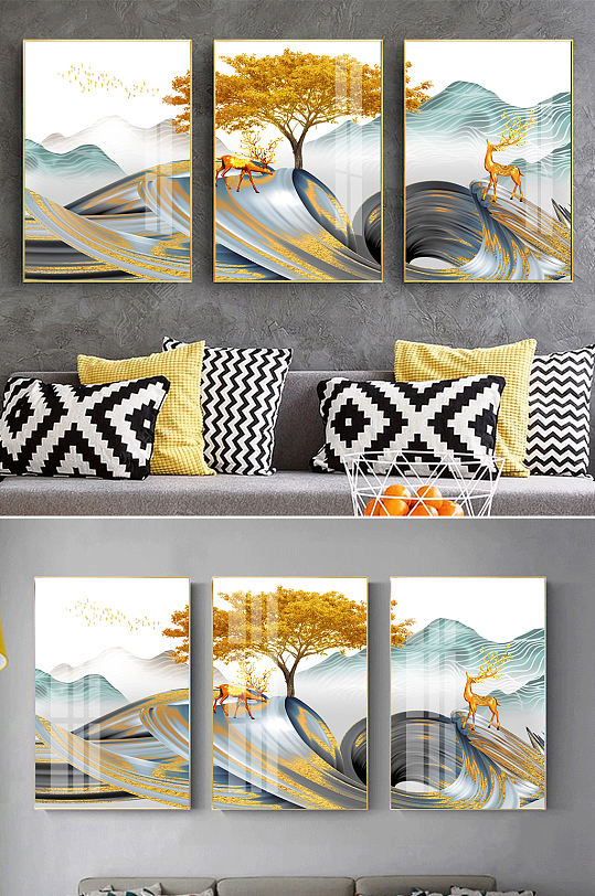 新中式山水抽象麋鹿装饰画-众图网