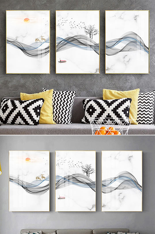 新中式抽象线条麋鹿装饰画-众图网