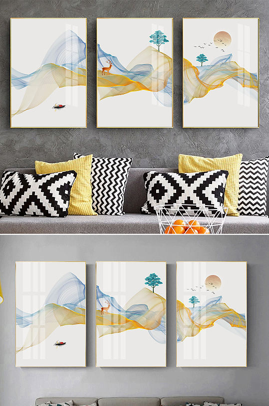 新中式抽象线条麋鹿装饰画-众图网