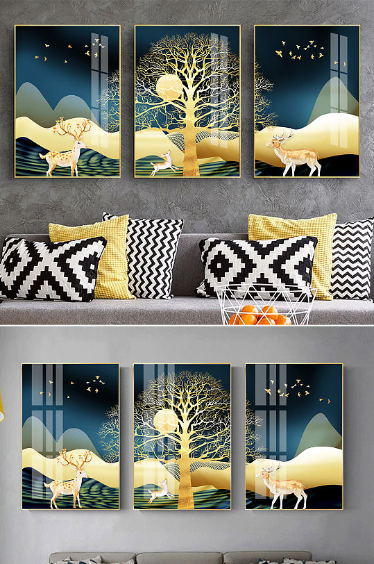 新中式轻奢山水麋鹿装饰画-众图网