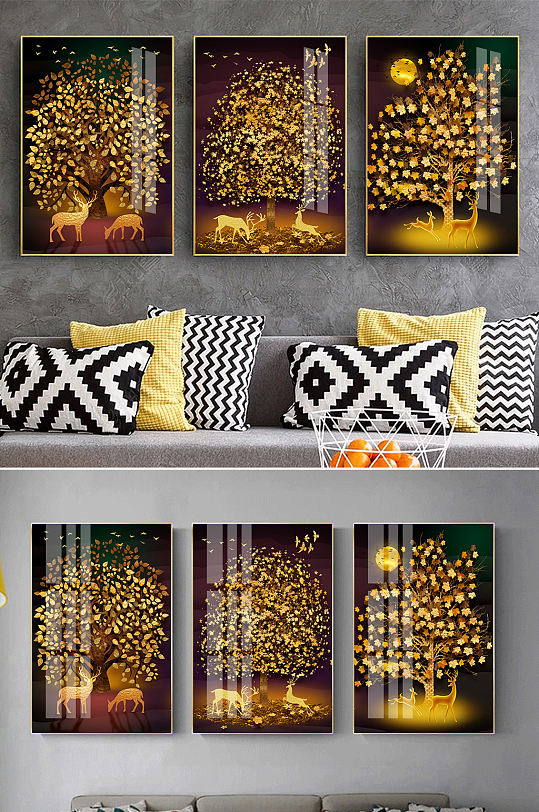 新中式轻奢金色麋鹿装饰画-众图网