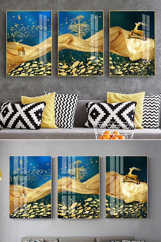 新中式轻奢麋鹿游鱼装饰画-众图网