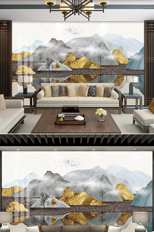 新中式轻奢抽象山水背景墙-众图网