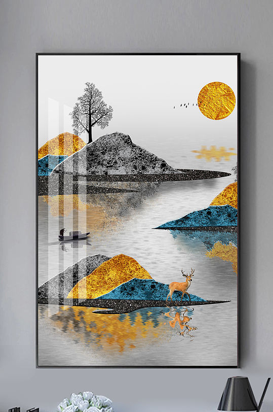 新中式抽象金色山水装饰画-众图网