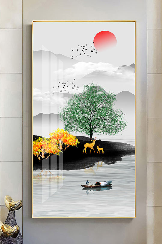 新中式水墨山水麋鹿玄關(guān)畫