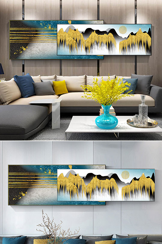 新中式水墨山水金色装饰画-众图网