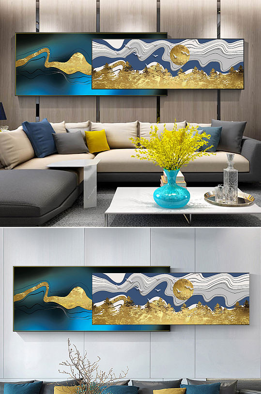 新中式山水树林线条装饰画-众图网