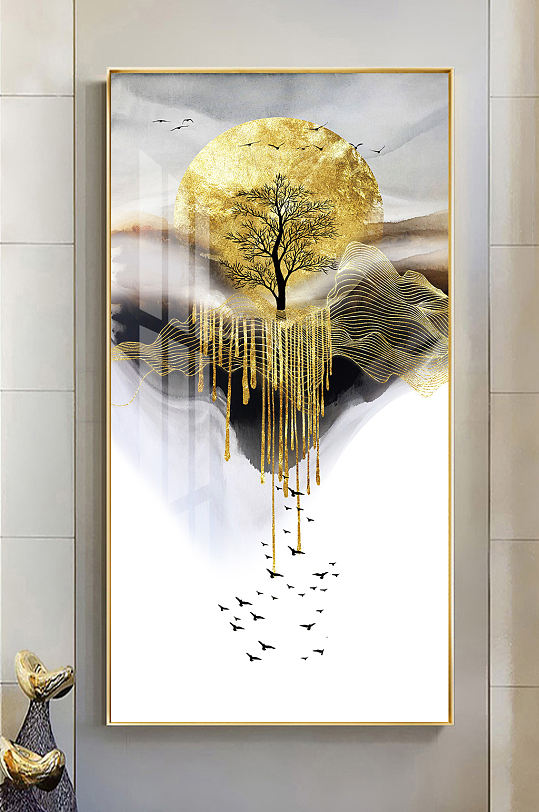 新中式水墨山水金色玄關(guān)畫