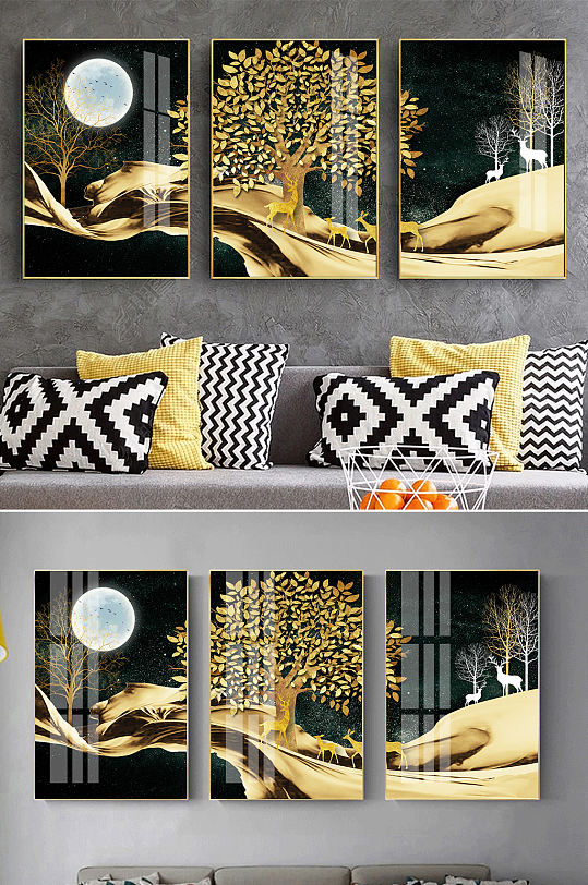 新中式金色麋鹿飘带装饰画-众图网