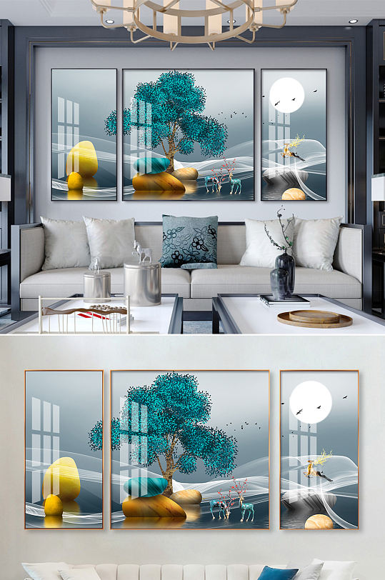 新中式线条麋鹿石头装饰画-众图网