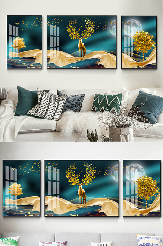 新中式麋鹿金色飘带装饰画-众图网