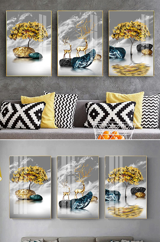 新中式石来运转麋鹿装饰画-众图网