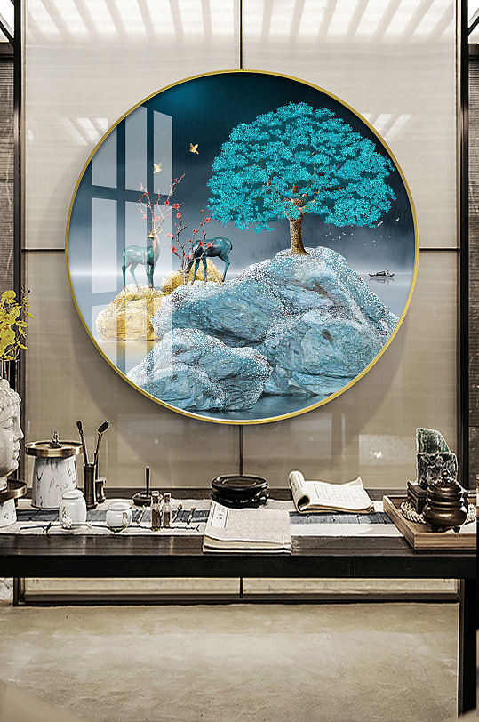 新中式抽象山水麋鹿装饰画-众图网