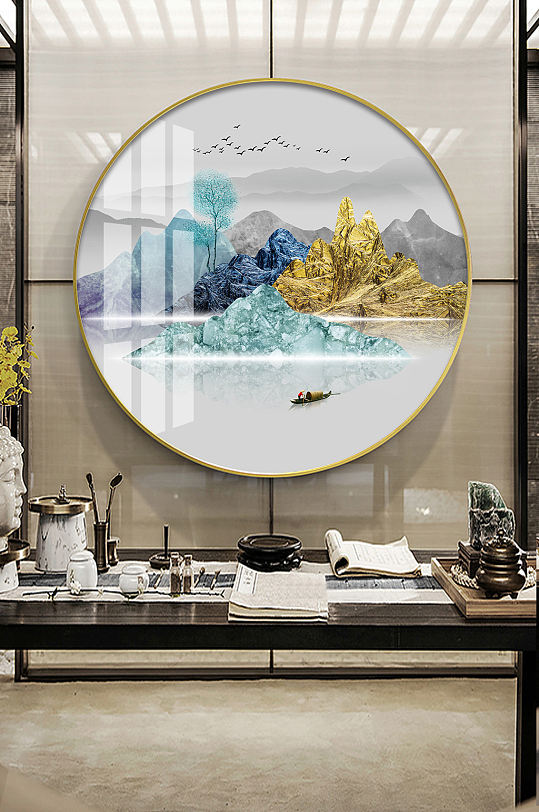 新中式抽象山水圆形装饰画-众图网