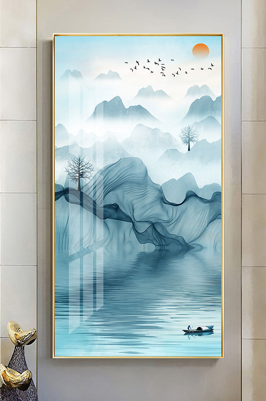 新中式蓝色水墨山水玄关-众图网