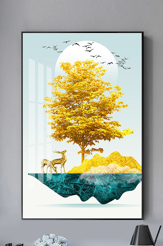 新中式发财树麋鹿装饰画-众图网