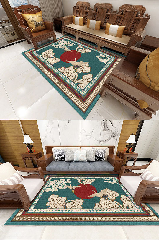 新中式古典祥云仙鹤地毯