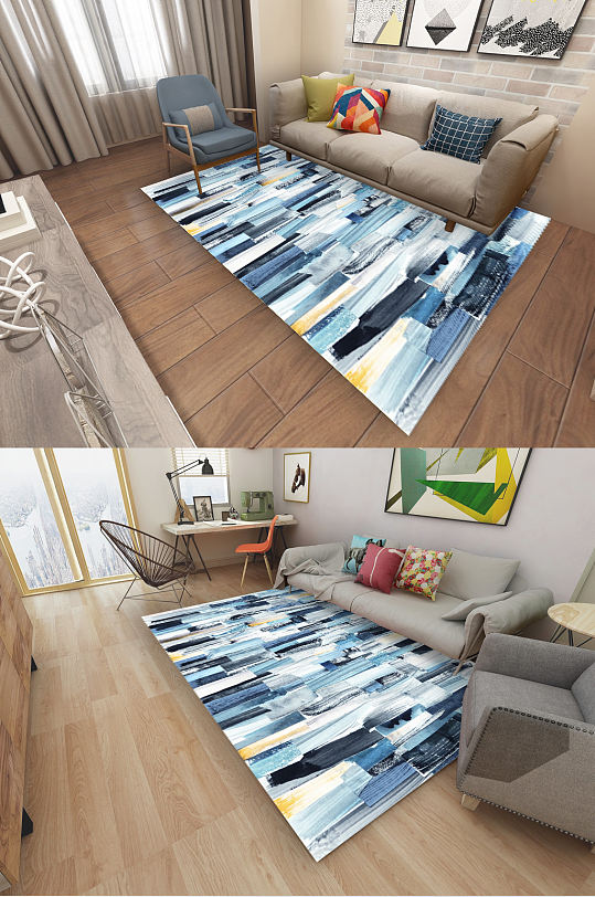 现代抽象笔刷涂鸦线条地毯-众图网