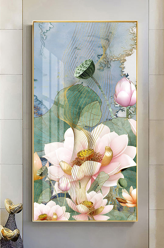 新中式金色线条荷花玄关-众图网