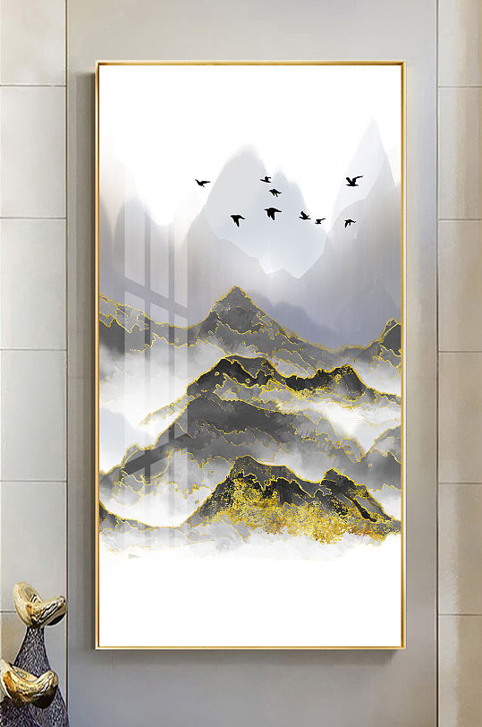 新中式水墨山水金色玄關(guān)畫