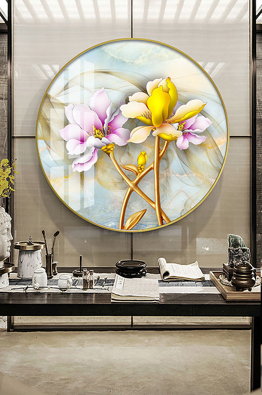 新中式金色玉兰圆形装饰画